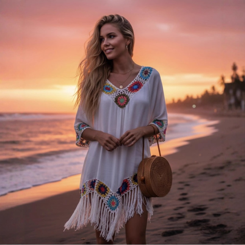 Robe de plage décontractée pour femme, style cache-maillot de bain, à franges, design ajouré, col en V, motif crochet