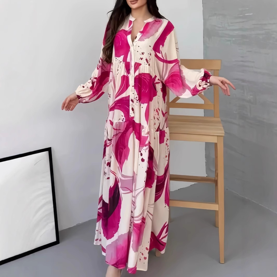 Robe longue élégante à imprimé Floral pour femmes, automne-hiver, manches longues, col en v, ample, Maxi, Robes décontractées, 2025