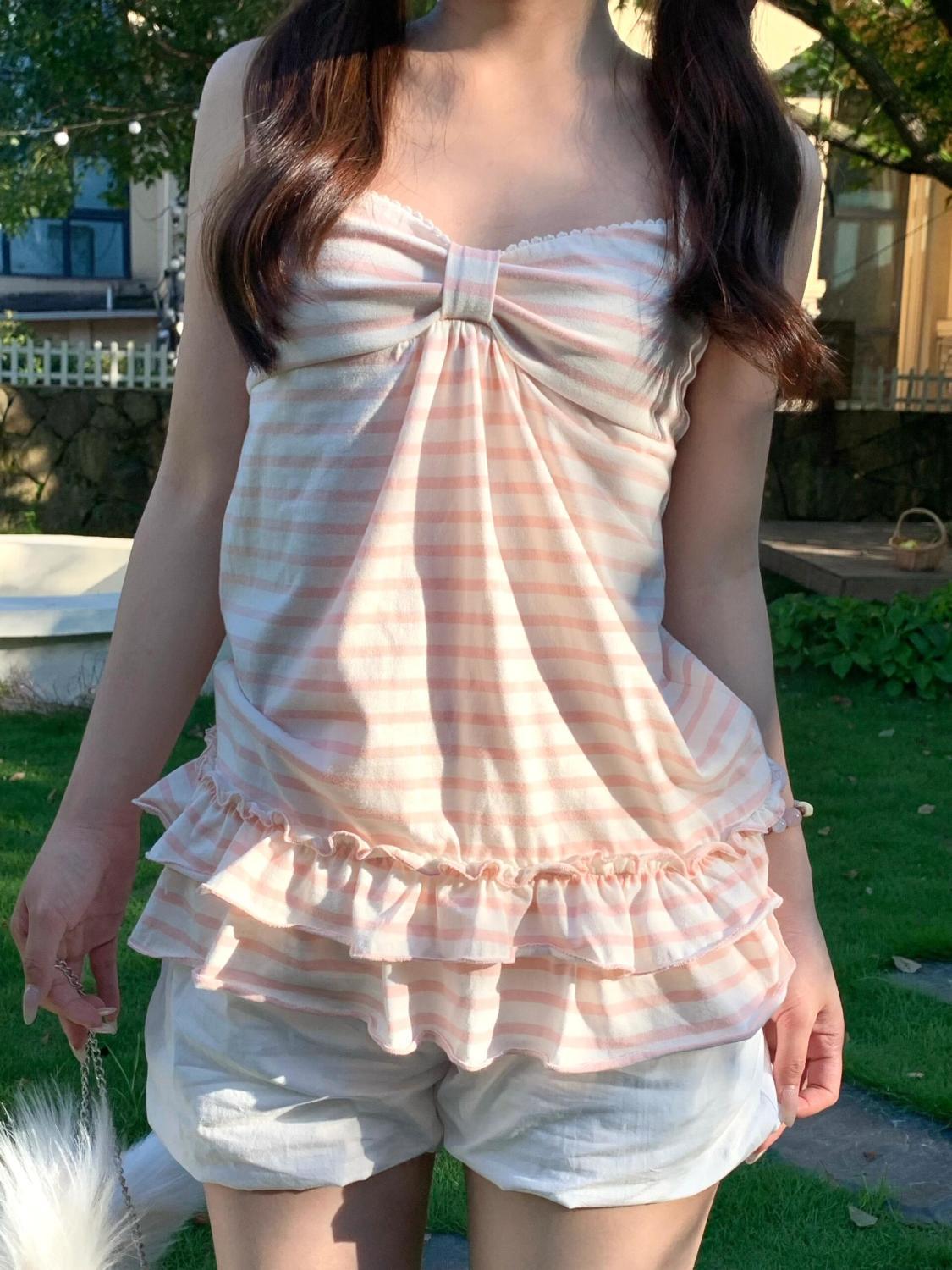 Débardeur Japonais Vintage Rayé Sans Manches pour Femme, T-shirt d'Été Tendance avec Volants, Coupe Ajustée, Ropa Mujer