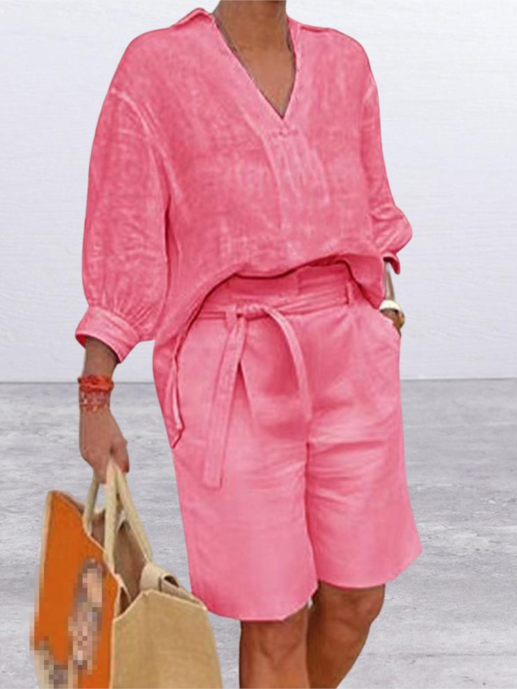Ensemble Deux Pièces Élégant pour Femme, Chemise Décontractée à Demi Manches, Col en V, Short avec Ceinture de Poche, Tenues d'Été en Coton et Lin