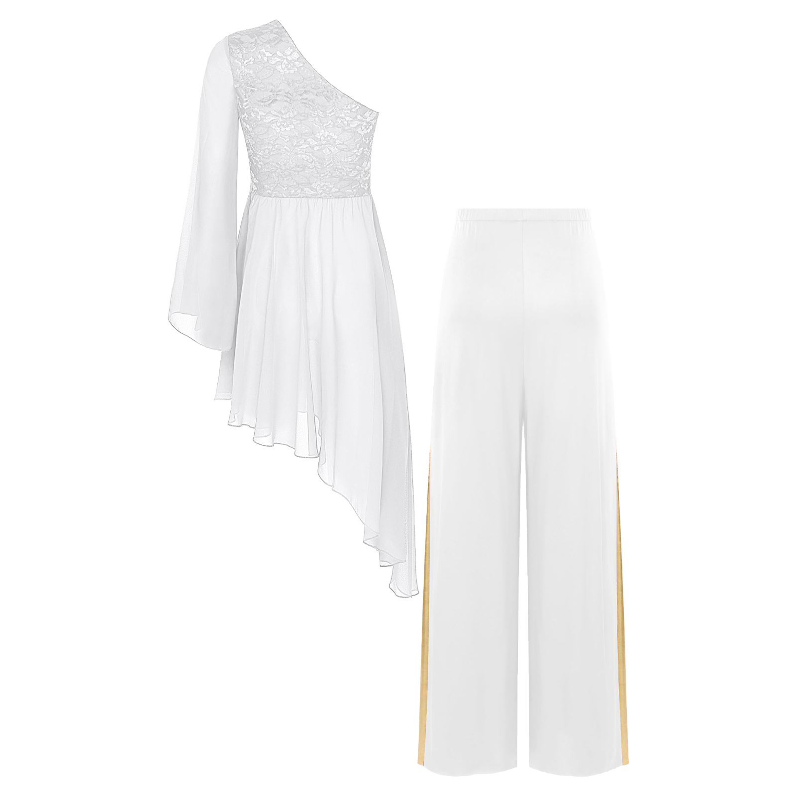 Tenues de danse liturgique pour femmes, vêtements de danse d'église louange, tunique de culte, robe à manches évasées avec pantalon à jambes larges, 2 pièces