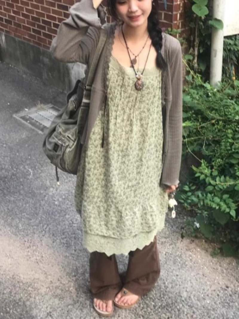 Robes longues à fleurs 2025 femme Y2K dentelle forêt fée noyau femmes été fronde robe coréenne populaire décontracté robe à bretelles dames