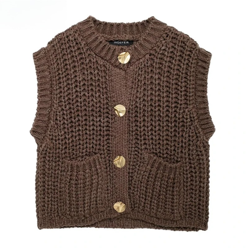 Gilet femme vêtements d'extérieur sans manches marron pull tricot gilet femmes Preppy recadrée chandails automne hiver gilet femme tricots