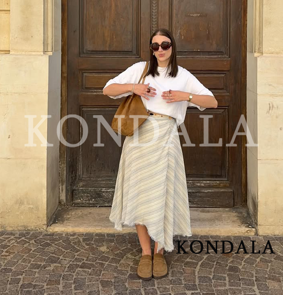 Jupe midi rayée élégante et décontractée KONDALA pour femme – Collection été 2026 – Tendance vacances – Ourlet brut – Simple, polyvalente et asymétrique