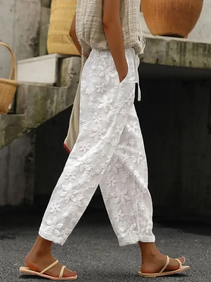 Femmes broderie pantalon été nouveau pantalon décontracté blanc taille élastique dame Sreet poche cheville-longueur vêtements