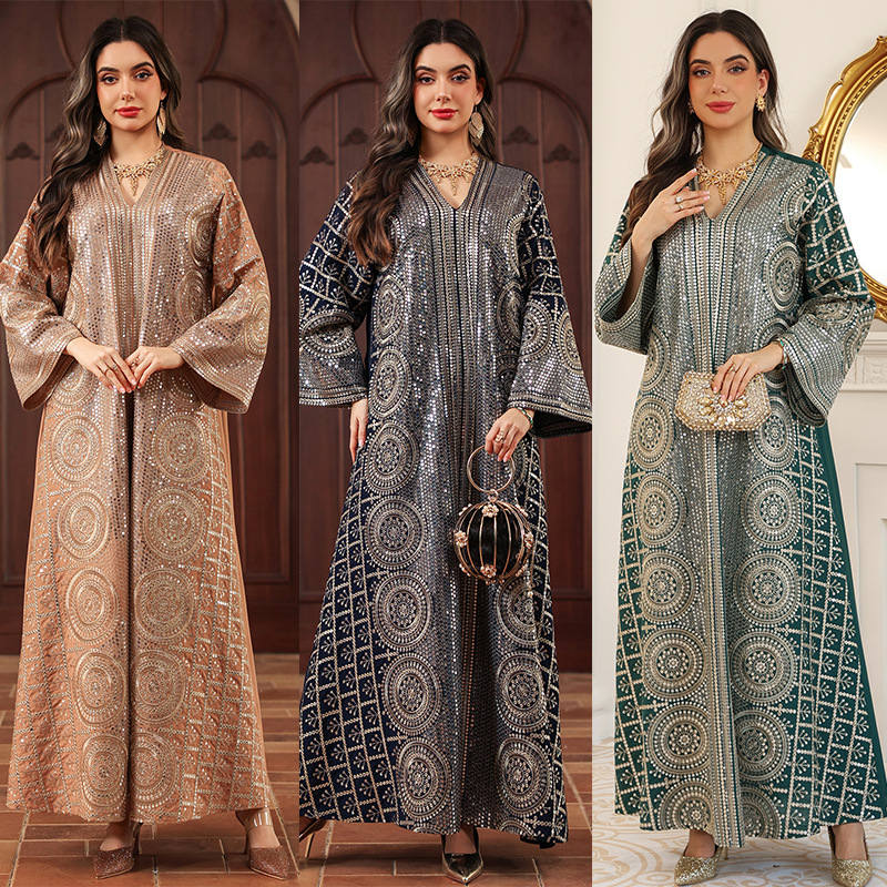 Robe longue de fête pour femme musulmane, Abaya, Kaftan, Jalabiya, Robe arabe, brodée de sequins, pour l'Aïd et le Ramadan, style Maroc Dubaï 2026