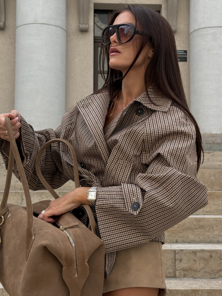 Manteau Trench Court à Carreaux, Col à Revers, Double Boutonnage, Ceinturé, Manches Longues, Manteaux Polyvalents pour Femmes, Tenue de Trajet Automne 2026