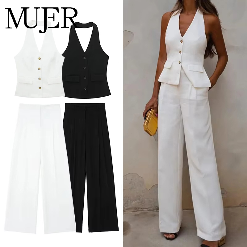 MUJER pantalons ensembles pour femmes 2 pièces épaules dénudées gilet sans manches femme tenue mode pantalon à jambes larges élégant décontracté ensemble pour femmes