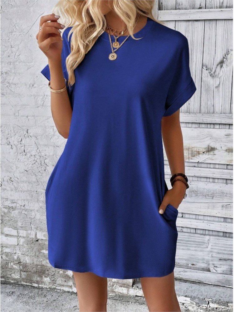 Robe de plage Style Boho Resort pour femmes, couleur unie, col rond, ample, manches courtes, poches, Mini, nouvelle collection été 2024
