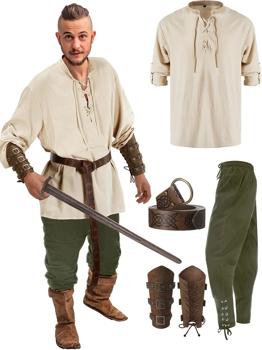 Pantalon rétro Vintage médiéval Renaissance, tenues, ceinture de taille, chemise, protège-bras, Costume de Cosplay Pirate pour hommes, Halloween