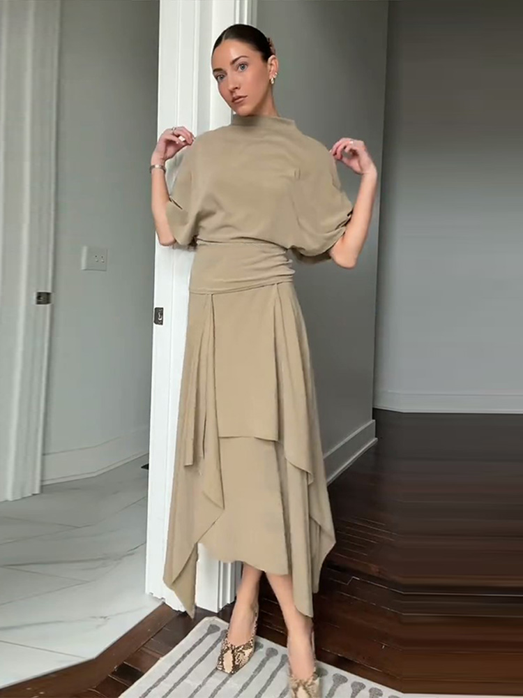 Ensembles Jupe et Haut Femme – Haut Manches Courtes Chauve-Souris Uni et Jupe Longue Irrégulière – Tenues Printemps Chic et Ajustées pour Dames – Nouveaux Vêtements de Club
