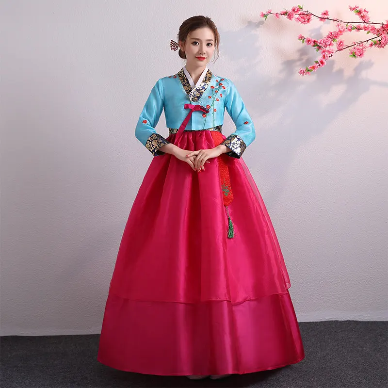 Hanbok pour femmes, Costume traditionnel coréen, vêtements de cour de spectacle de palais minoritaire, robe de danse pour fête de mariage, nouvel an, fleur