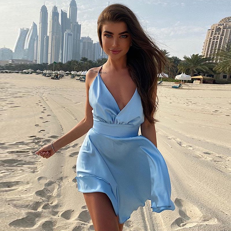 Robe nuisette personnalisable pour femme, mode été, sexy, dos nu, décolleté plongeant en V, style bureau, soirée, décontractée