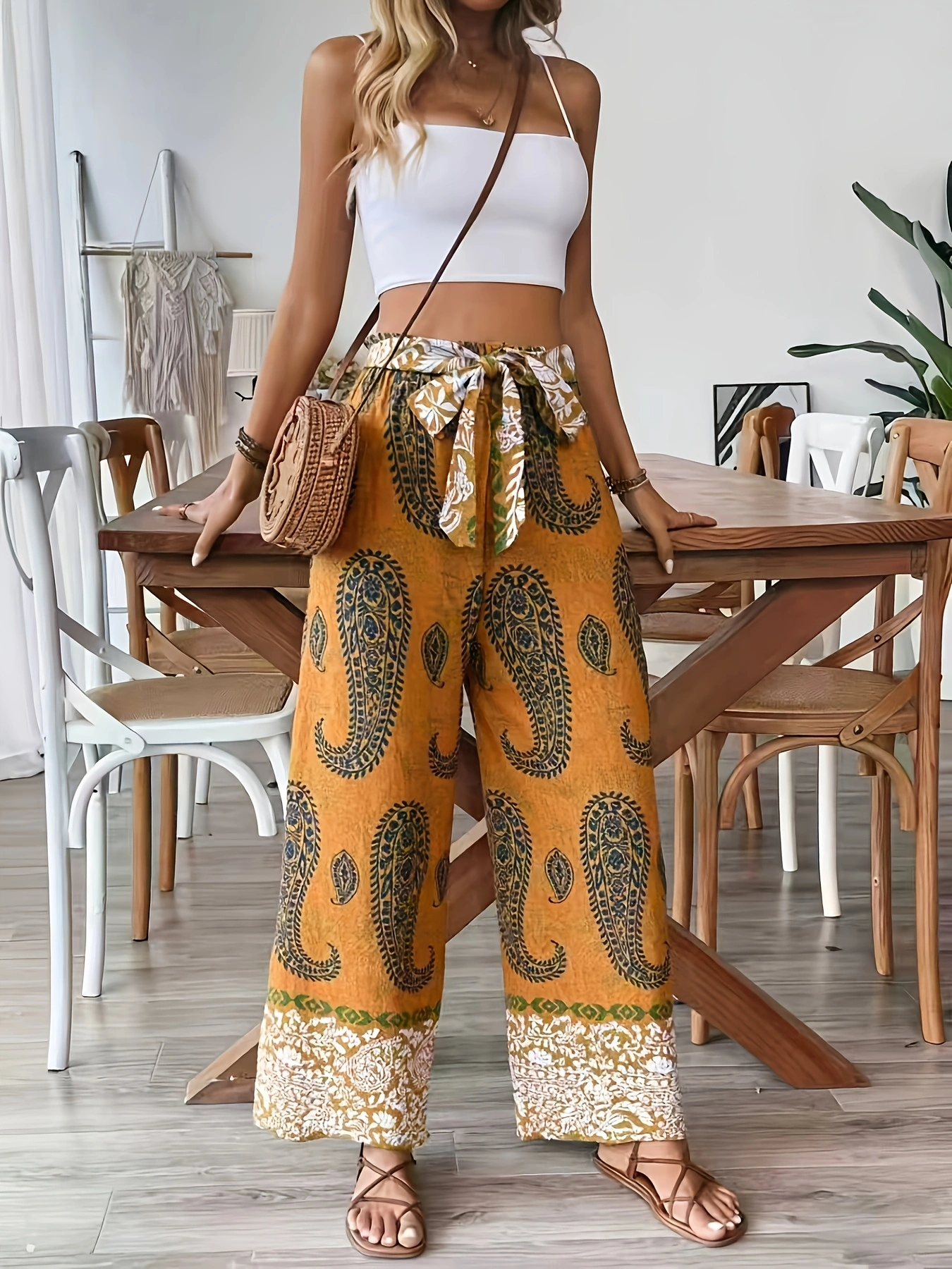 Pantalon large jaune moutarde à motif paisley, taille à nouer, style bohème, pantalon décontracté pour les vacances