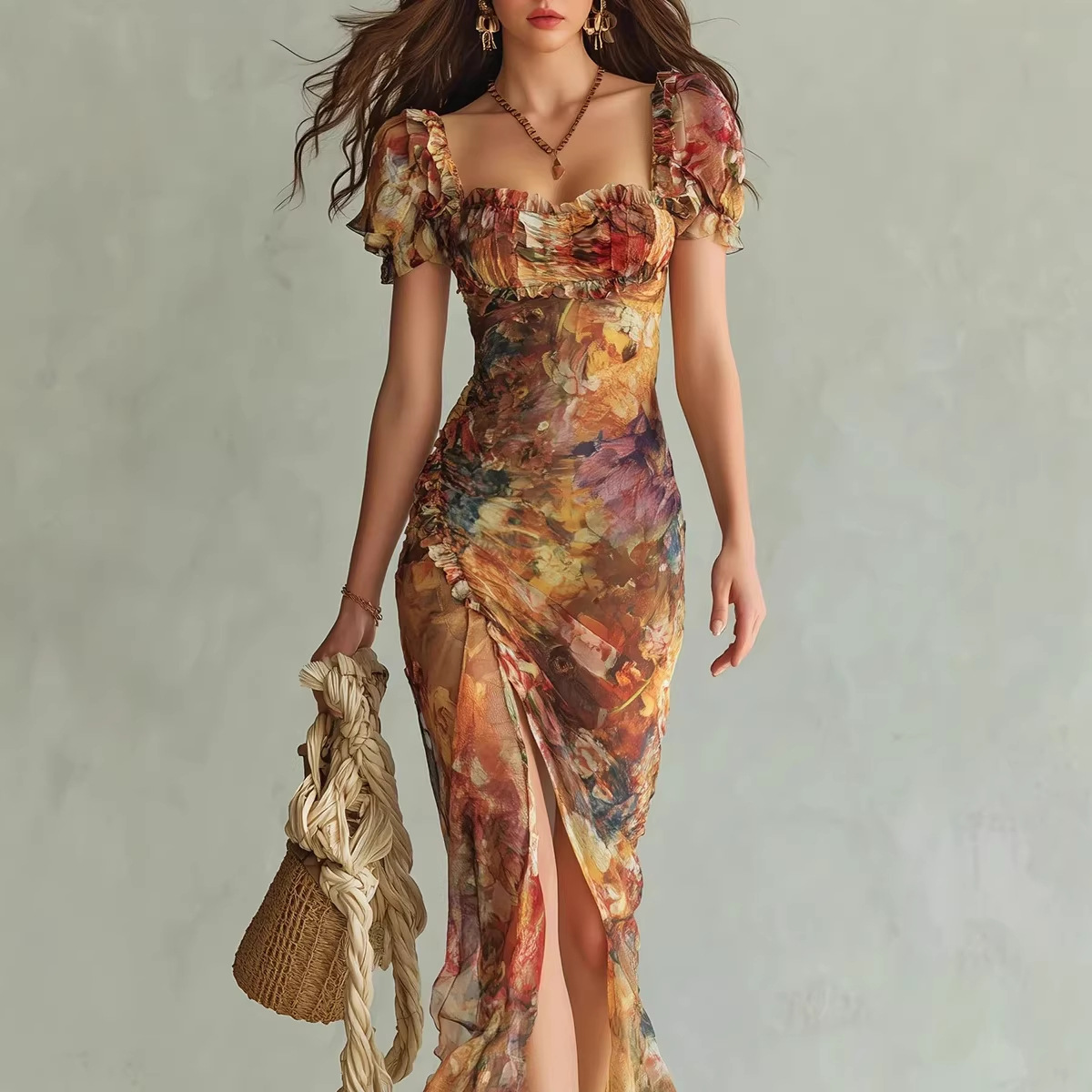 Nouvelle Robe Longue Bohème Florale Femme Sexy à Col Carré Froncée Fendue Moulante Manches Bouffantes Volants Robe de Soirée Été