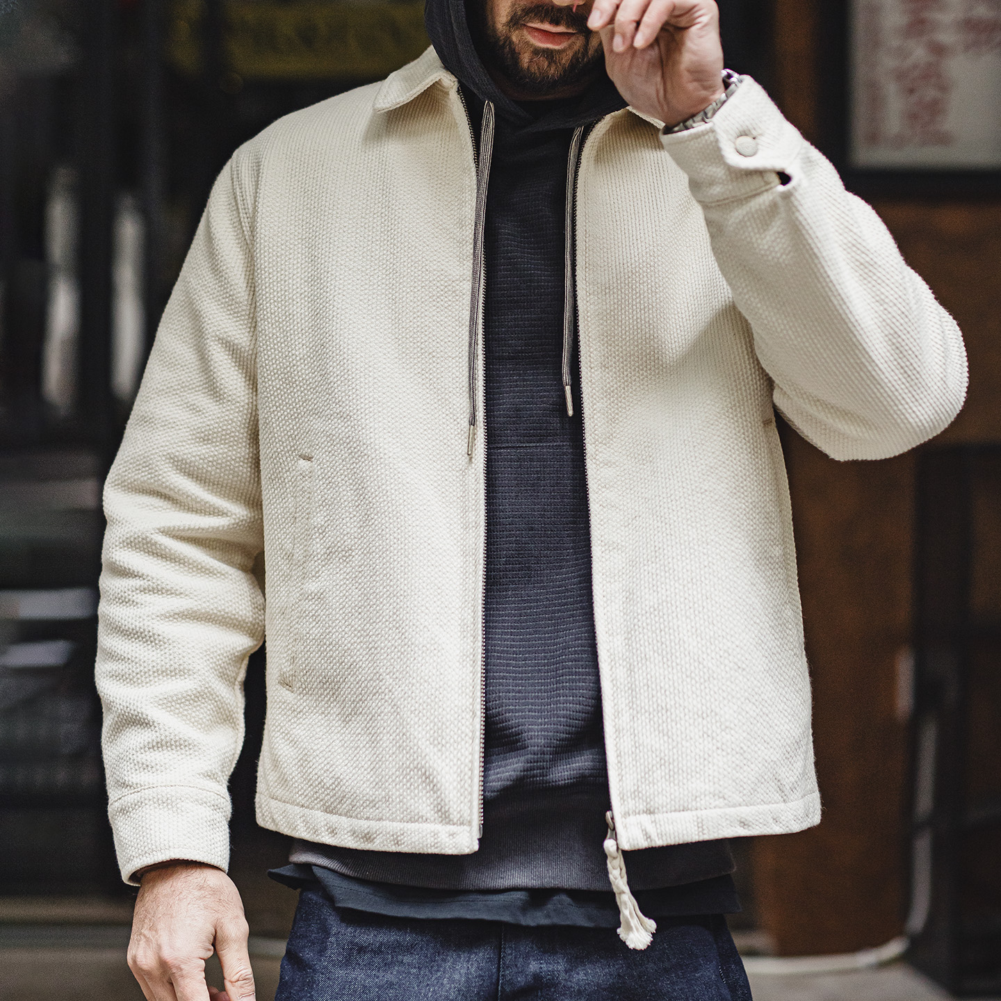 Veste vintage blanche pour homme Maden, en coton lourd, col rabattu, fermeture éclair, veste courte, toile, coupe ajustée, printemps, automne