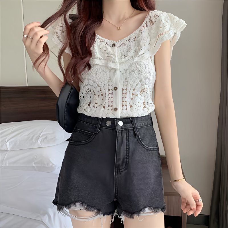 Mode coréenne sans manches tricoté hauts simple boutonnage décontracté femmes Blouse été crochet fleur chemise creuse