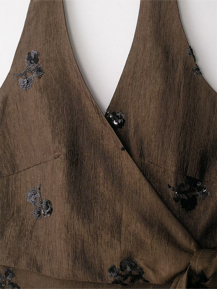 Ensemble 2 pièces d'été pour femme, haut cache-cœur marron à sequins floraux et pantalon large taille haute, tenue décontractée élégante style streetwear