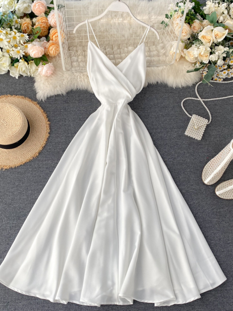 Robe longue de plage en satin pour femme, élégante, dos nu, bandage, robes de soirée sexy, vintage, bretelles spaghetti, robe longue éducative, été