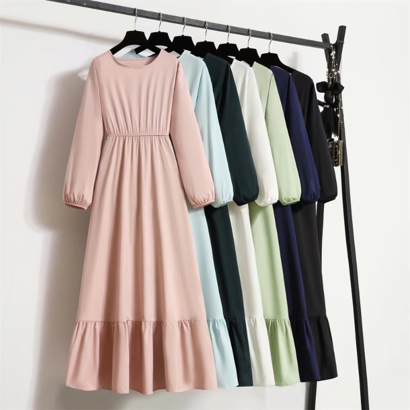 Femmes robe longue printemps automne Mujer robes solide manches longues col rond décontracté robes en mousseline de soie musulman solide robes Maxi en vrac