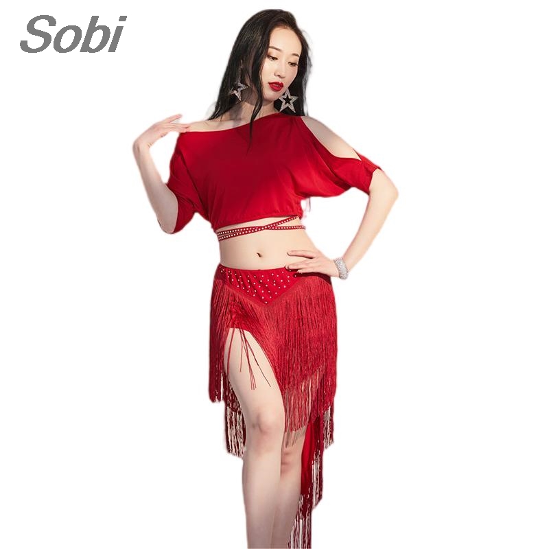 Ensemble de costumes de danse du ventre Sexy pour femmes, haut + jupe à franges, vêtements d'entraînement de classe, tenue de spectacle de danse du ventre orientale de déesse