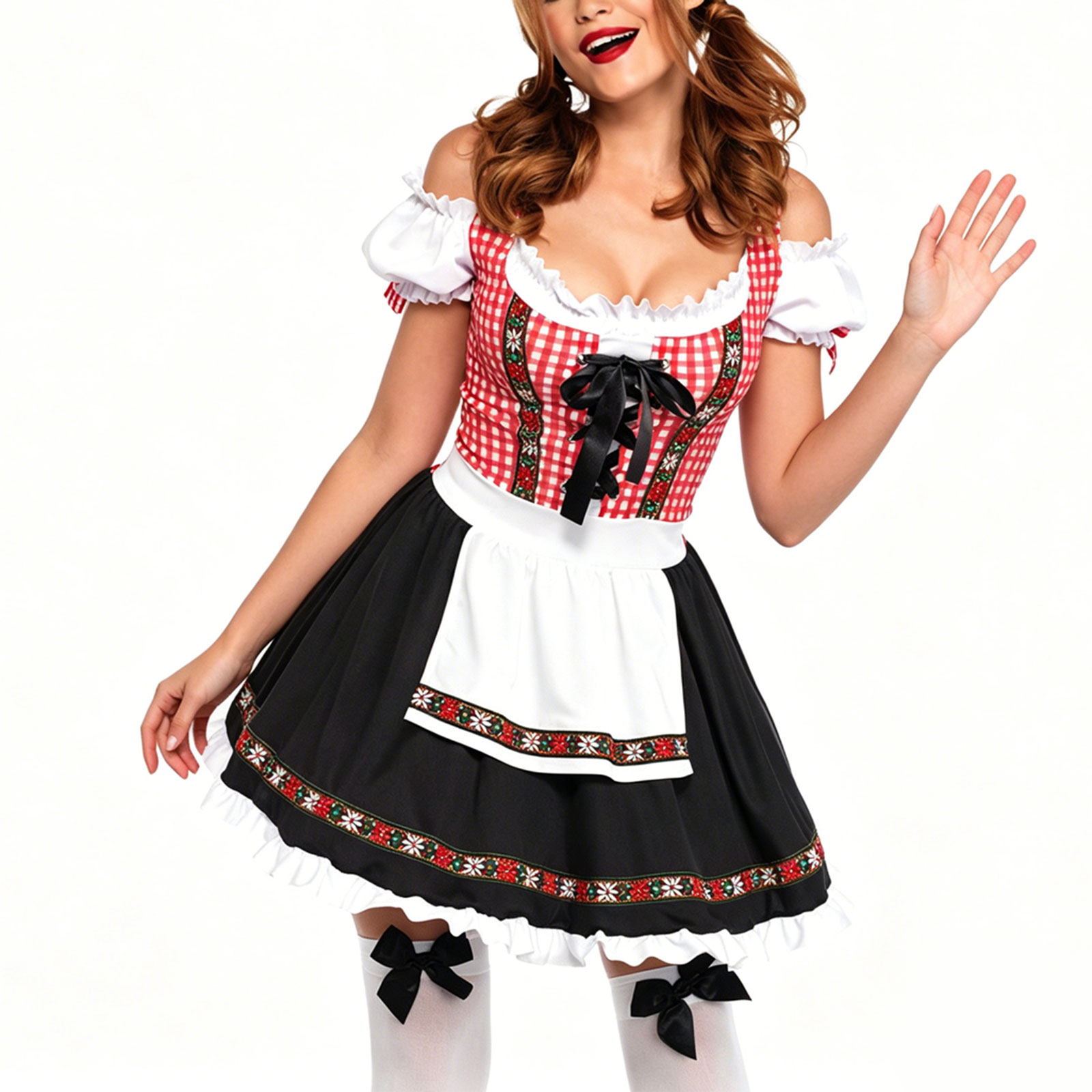Robe traditionnelle rouge mi-longue pour femmes, robe Dirndl avec tablier pour l'Oktoberfest, robes d'été pour femmes 2026