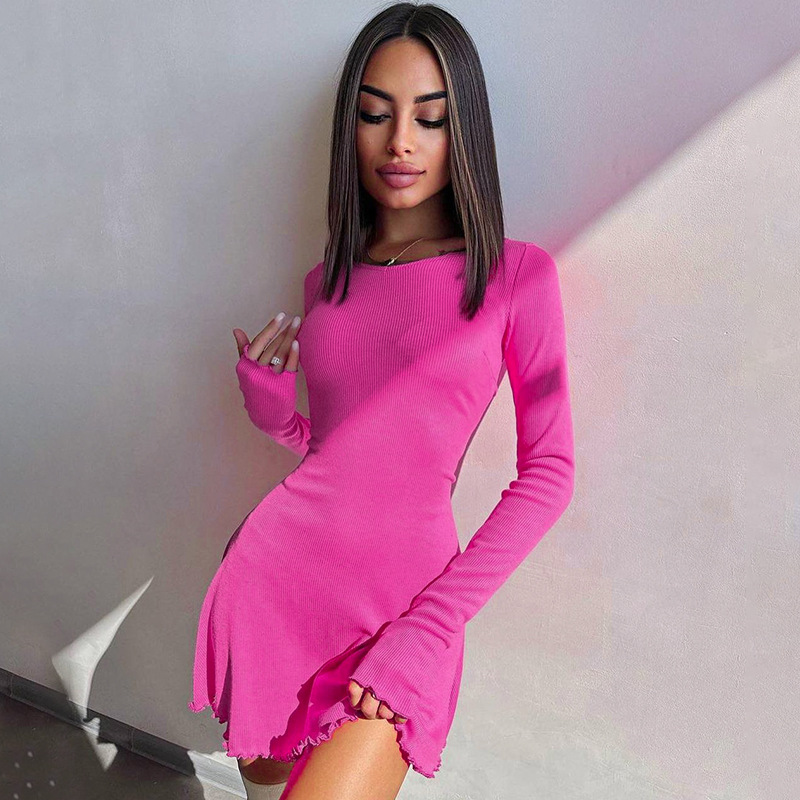 Printemps élégant jolies femmes robes nouveau noir Sexy robe courte femme col en V à manches longues mince couleur unie Mini robe