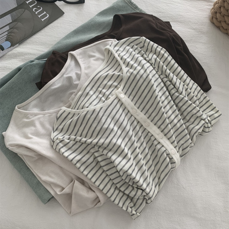 Chemise basique en laine de soie pour femmes, tricot Slim à col rond et boutons, haut à manches longues rayé de couleur unie, automne hiver