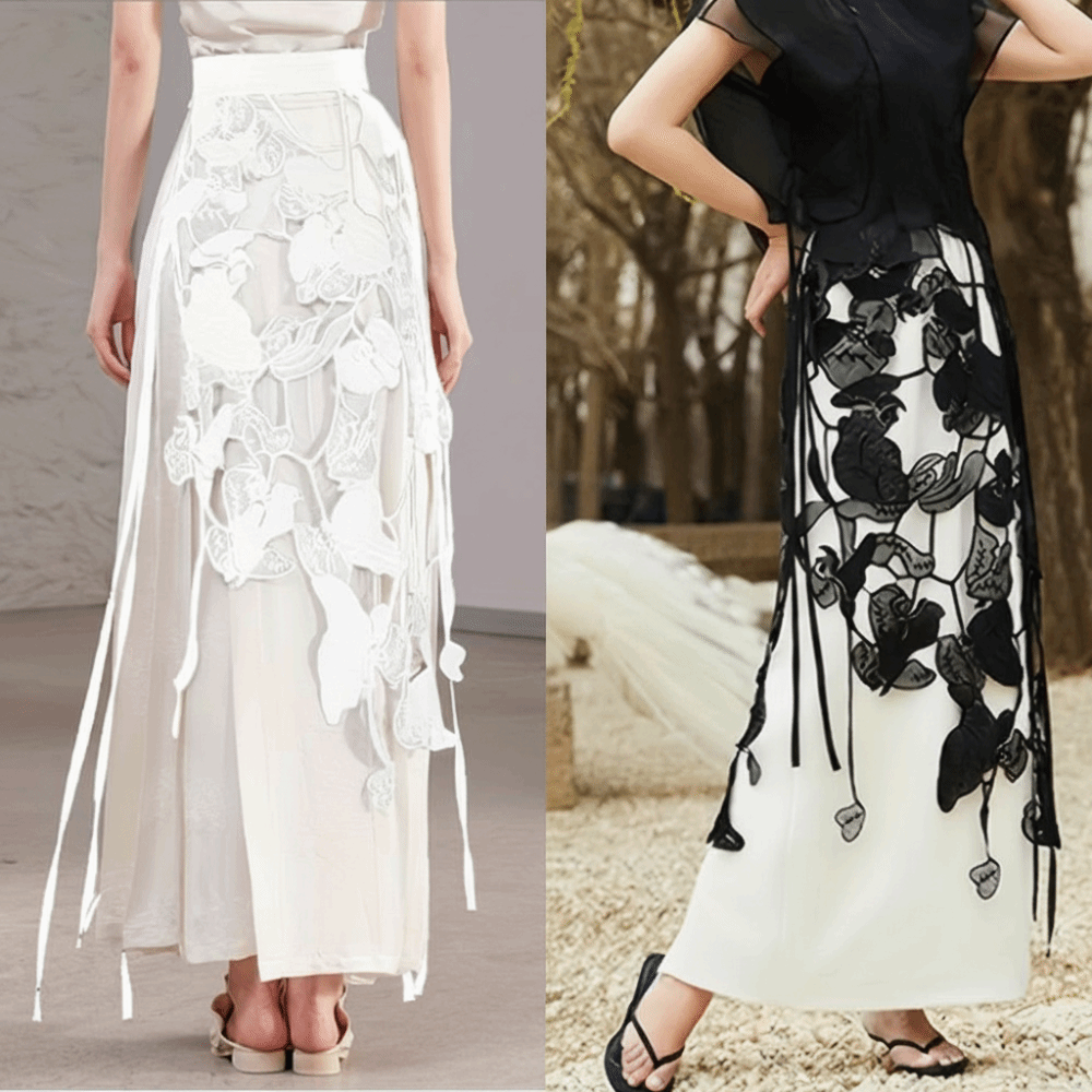 Jupe midi taille haute en dentelle avec fente latérale irrégulière, motif floral ajouré, franges et ceinture en dentelle, style Y2K Streetwear Harajuku