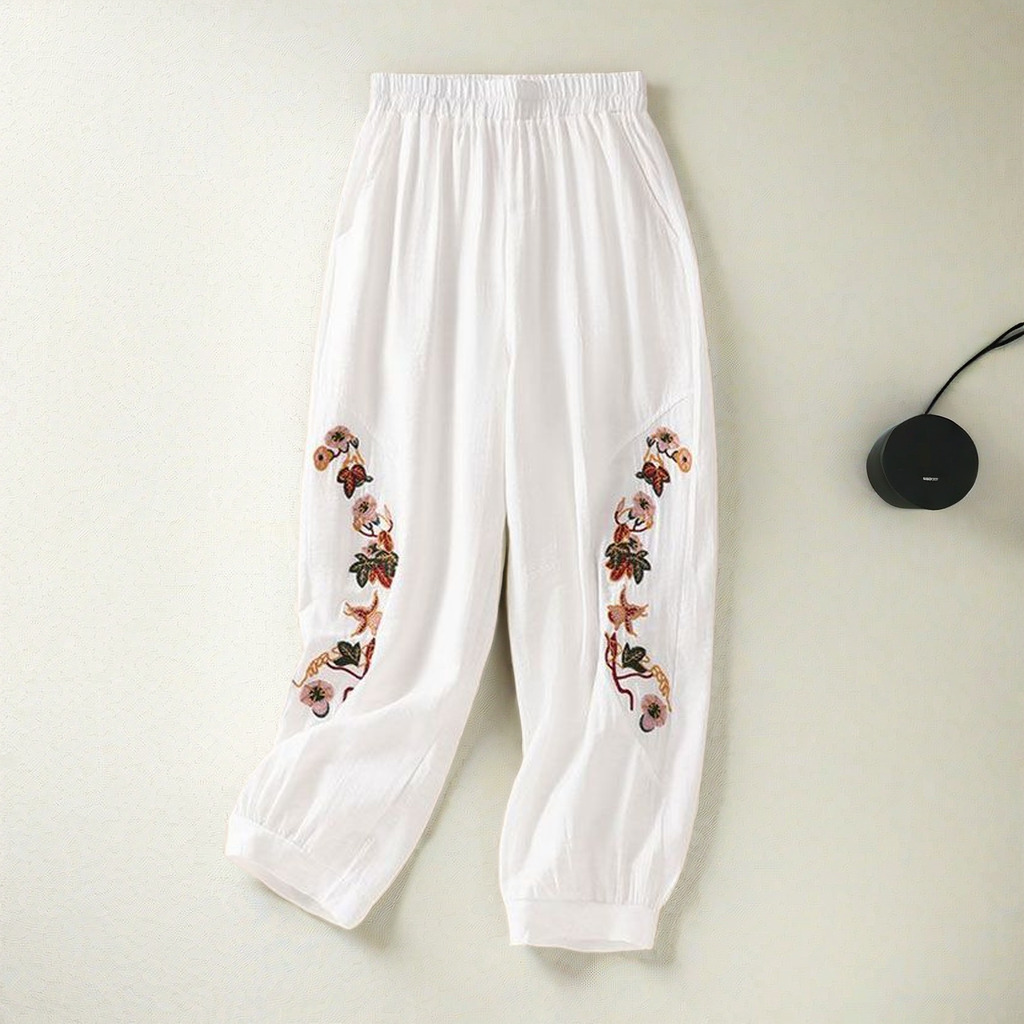 Bloomers décontractés brodés café pour femmes, pantalons élastiques monochromes, pantalons taille haute, vêtements à la mode