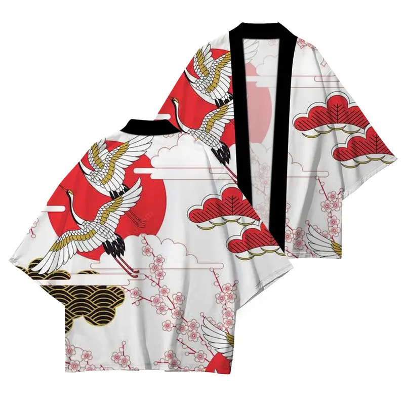 Vêtements traditionnels japonais de haute qualité, kimono décontracté ample, motif vague soleil rouge imprimé, protection UV estivale, kimono S-5XL