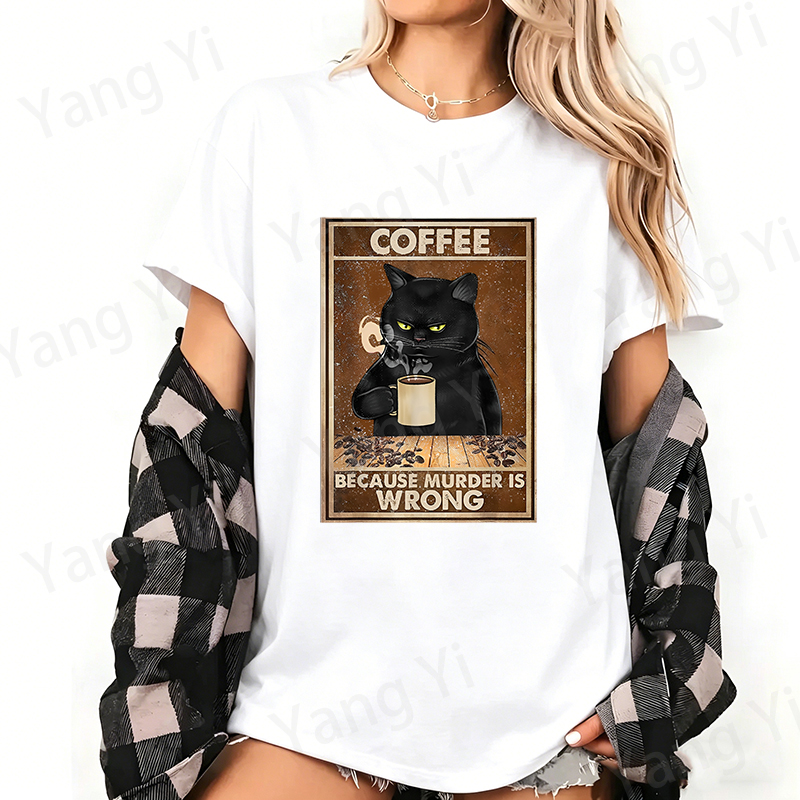 T-shirt en coton imprimé chat noir à la mode tenant une tasse de café, décontracté à manches courtes, avec graphique BECAUSE MURDER IS WRONG, pour hommes et femmes
