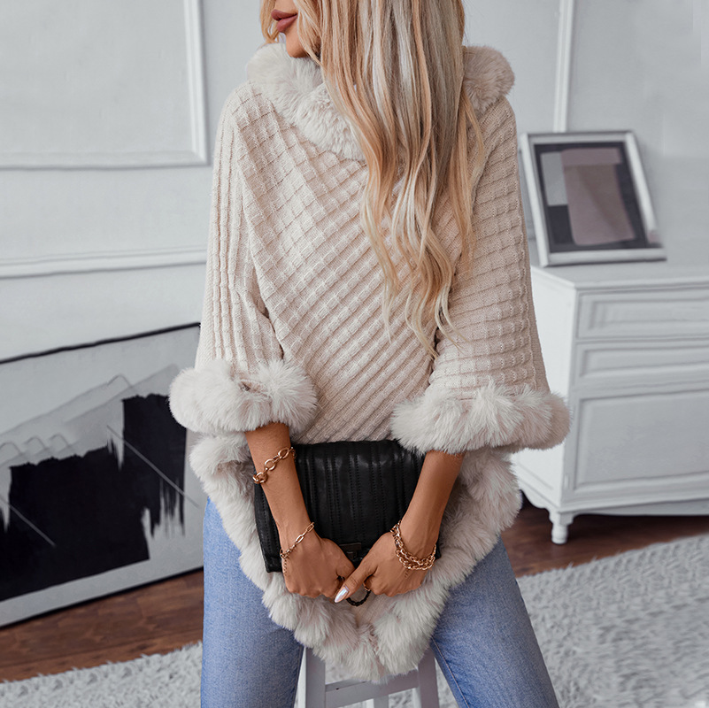 Nouveau en hiver couleur unie col de fourrure pull châle femmes mode épais chaud tricoté Poncho décontracté luxe Cape vêtements d'extérieur