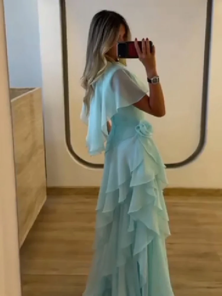 Robe de soirée élégante en mousseline pour femme, avec manches cape chic, jupe à volants étagés, fleurs 3D à la taille, Vestidos 2026, robe de soirée formelle