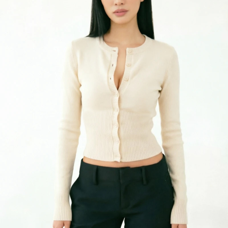 Cardigan en tricot décontracté pour femme, à manches longues, côtelé, patchwork, élégant, coupe ample et courte, tricot féminin