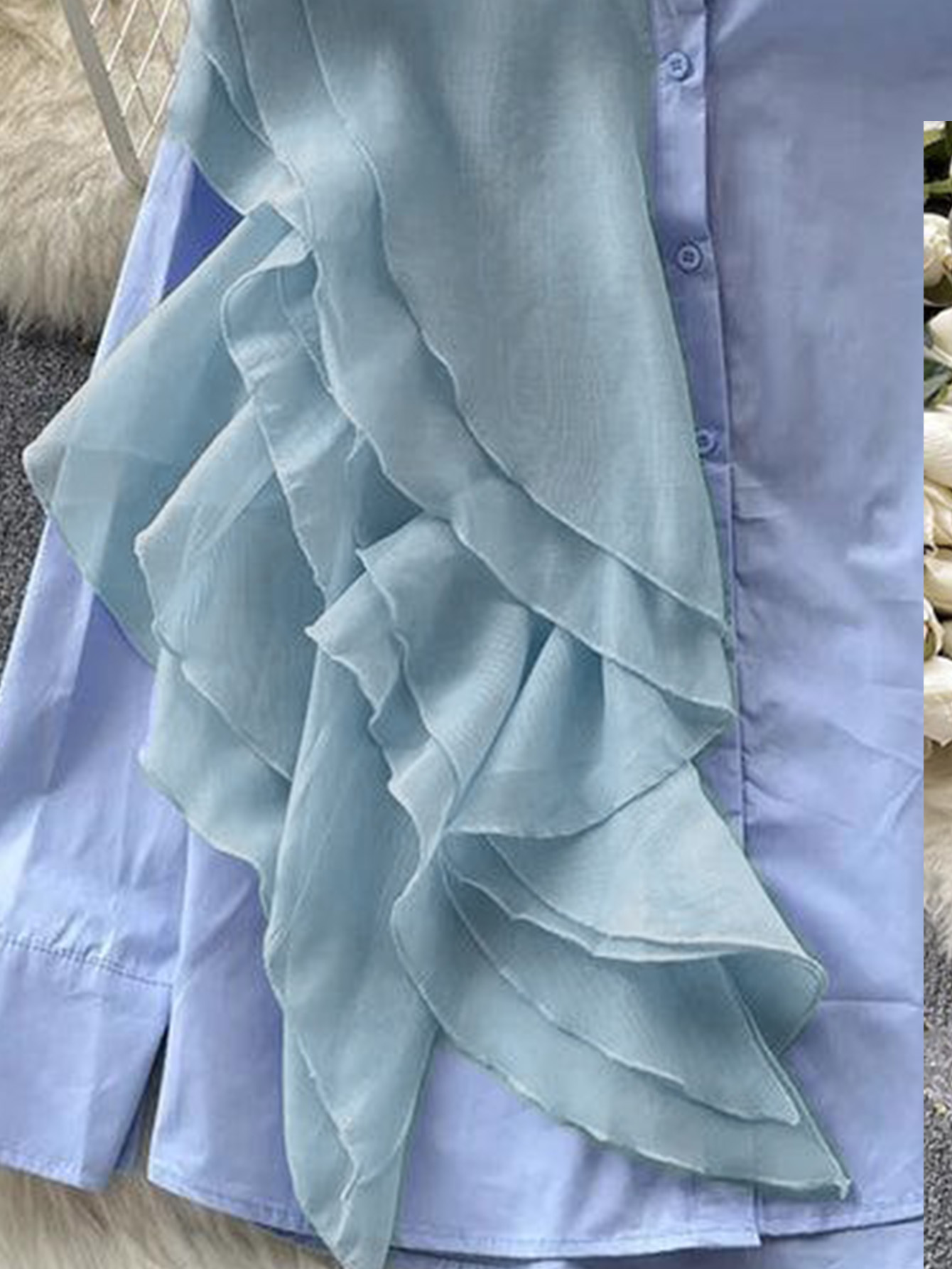 Chemise pour femme, couleur unie, boutonnée, avec volants, élégante, décontractée, tendance, pour tous les jours