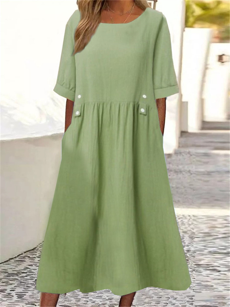 Robe Confortable en Coton et Lin pour Femme, Taille Haute, Décoration de lèvent, Décontractée, Couleur Unie, Demi Manches, Été 2024