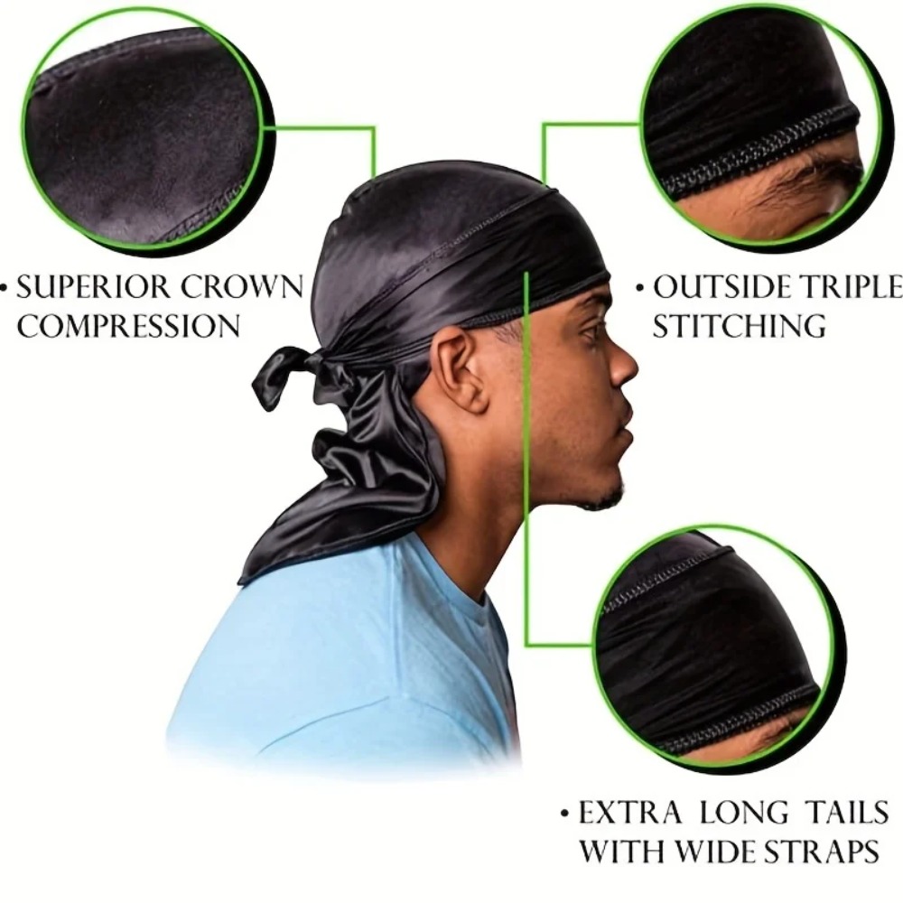 Durag en soie pour homme, bonnet bandana soyeux, Doo Rag à longue queue, casquette pour ondulations