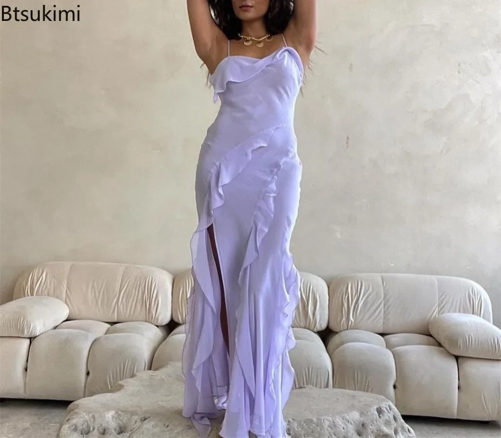 Robe longue en mousseline sexy 2026 pour femme, mode estivale, à volants, fendue, dos nu, style sling, tenue décontractée et de soirée
