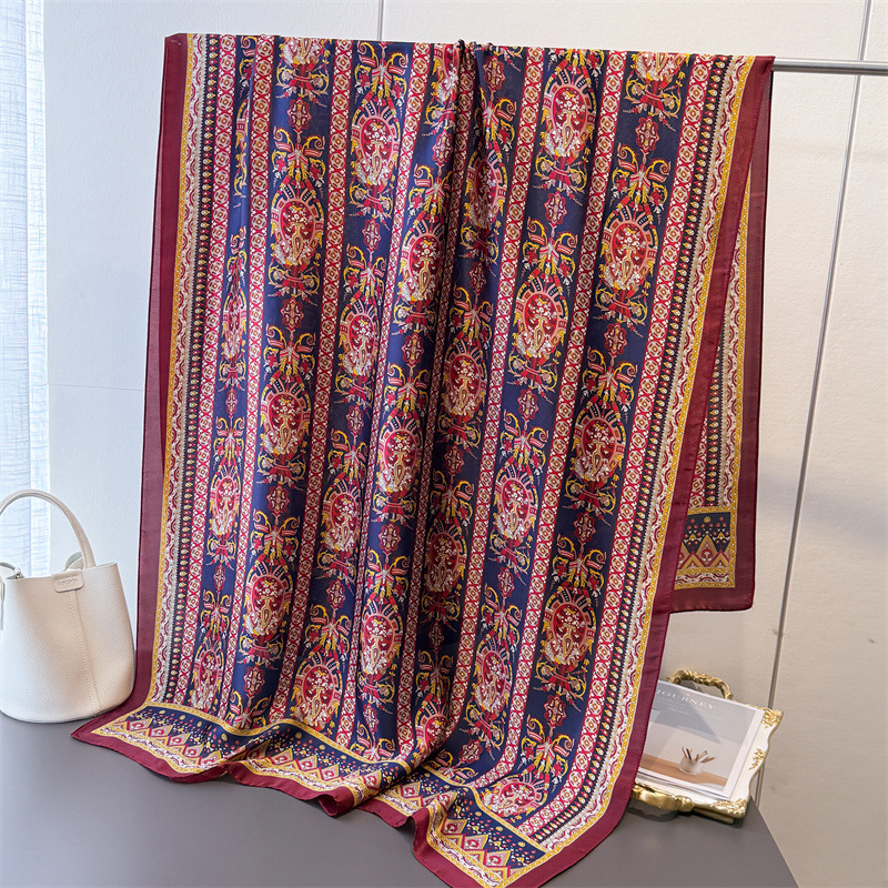Foulard en soie vintage imprimé, grand format, design de luxe pour femme, châle en satin doux et lisse, protection solaire pour la plage, 180x80cm, bandana
