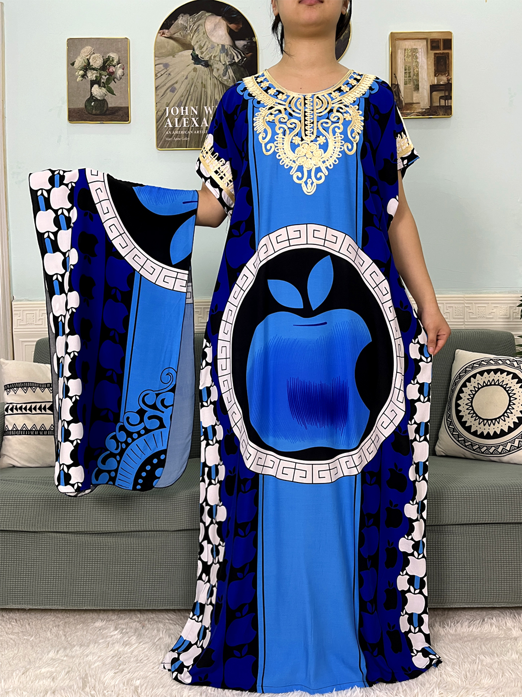 Abayas musulmanes imprimées Apple pour femmes, coton, manches courtes, caftan marocain, boubou adt, robe nigériane, robes avec turban