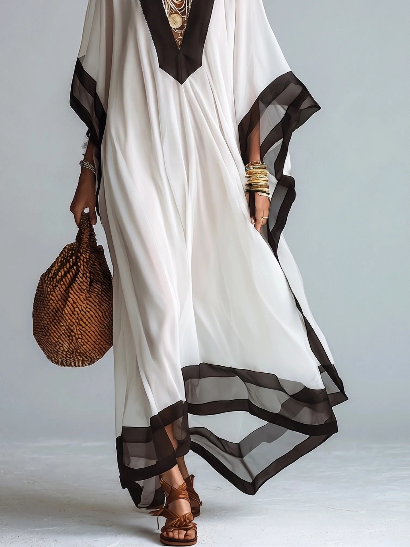 Robe longue kaftan pour femme en mousseline, col en V, manches chauve-souris, coupe ample, avec bordure contrastante blanc et noir, idéale comme tenue de plage ou robe décontractée de vacances