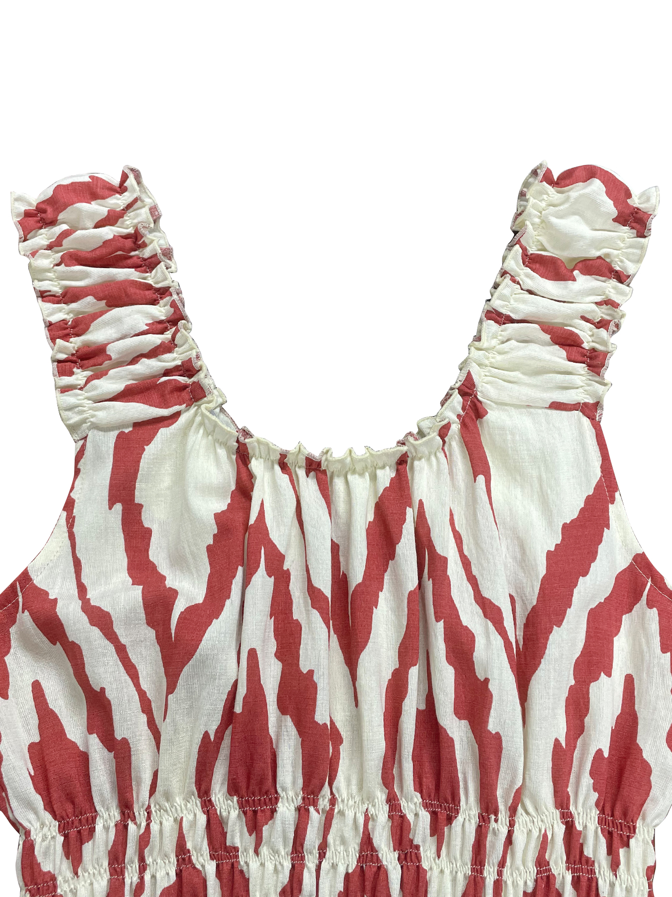 Robe midi décontractée pour femme, style vintage ethnique, motif Ikat, sans manches, col carré, buste smocké, à volants