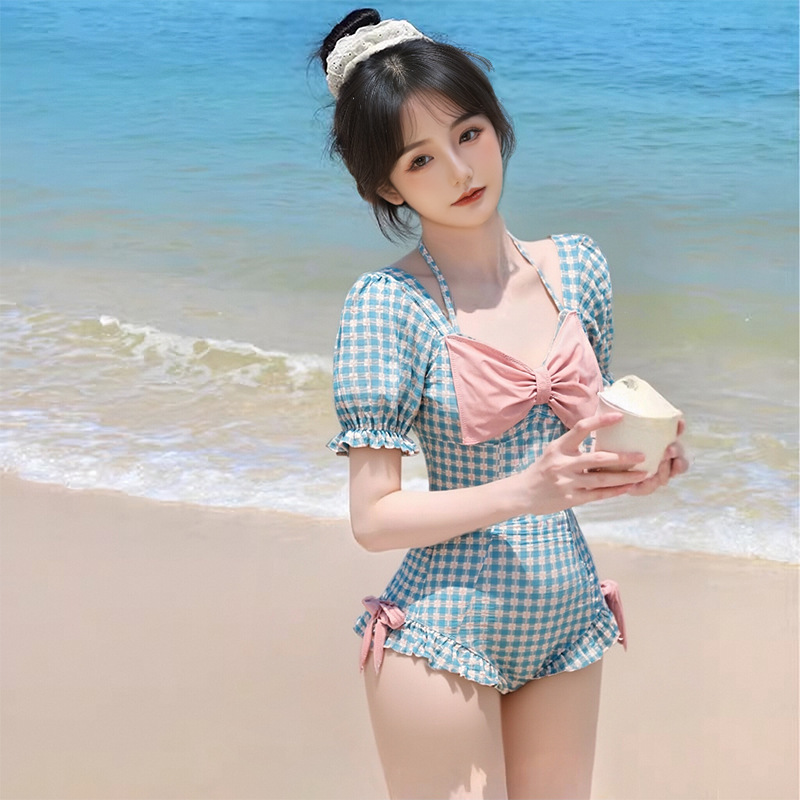 Maillots de bain sexy à la mode coréenne, bleus à carreaux avec nœud, une pièce, manches courtes bouffantes, dos noué, style halter, bikinis, tenues de plage mignonnes.