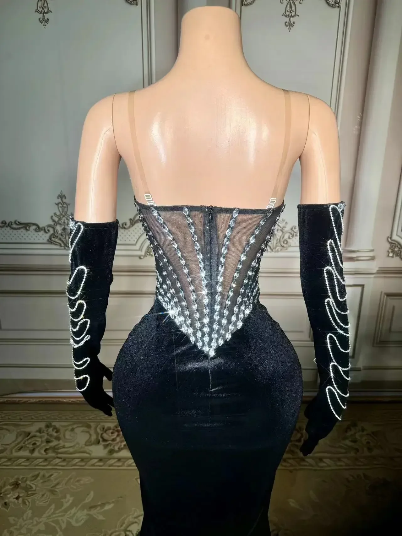Robe longue en velours noir pour femme, maille transparente, manches longues, boîte de nuit, vêtements de soirée, costume de scène