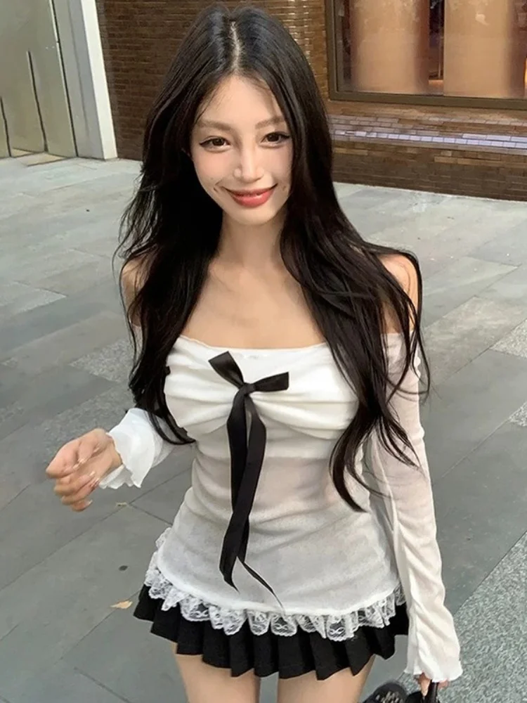 Chemises décontractées à manches longues pour femmes, Streetwear en maille, Haut Y2K à manches tombantes, Noeud à lacets, Slash Neck, Vêtements sexy, Blanc, Mode