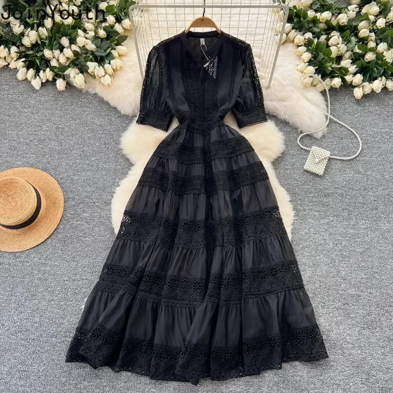 Robes d'été pour femmes taille mince à manches courtes Vintage Robe Femme Patchwork dentelle évider Robe Maxi 2025 robes De Mujer