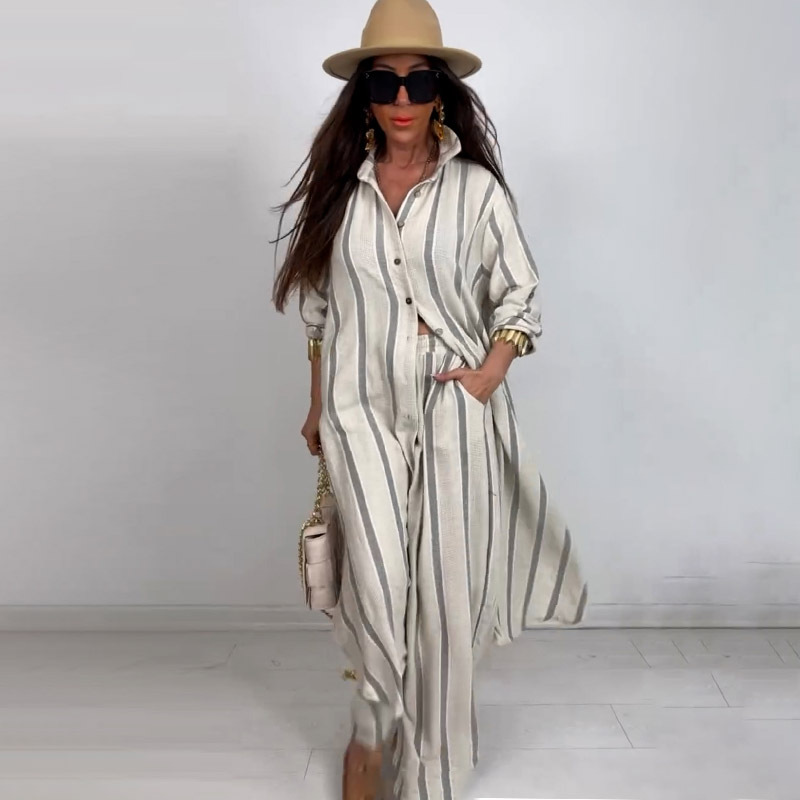 Femmes musulmanes 2 pièces Ensemble chemise rayée haut pantalon à jambes larges costume simple boutonnage poches pantalons tenues 2025 automne Ensemble