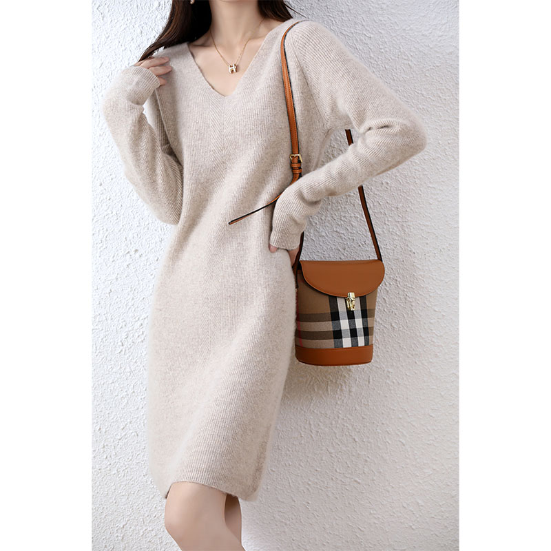 Femmes élégantes robes pull en cachemire 100% laine mérinos Sexy col en v décontracté jupe tricotée automne hiver dames robe noire vêtements