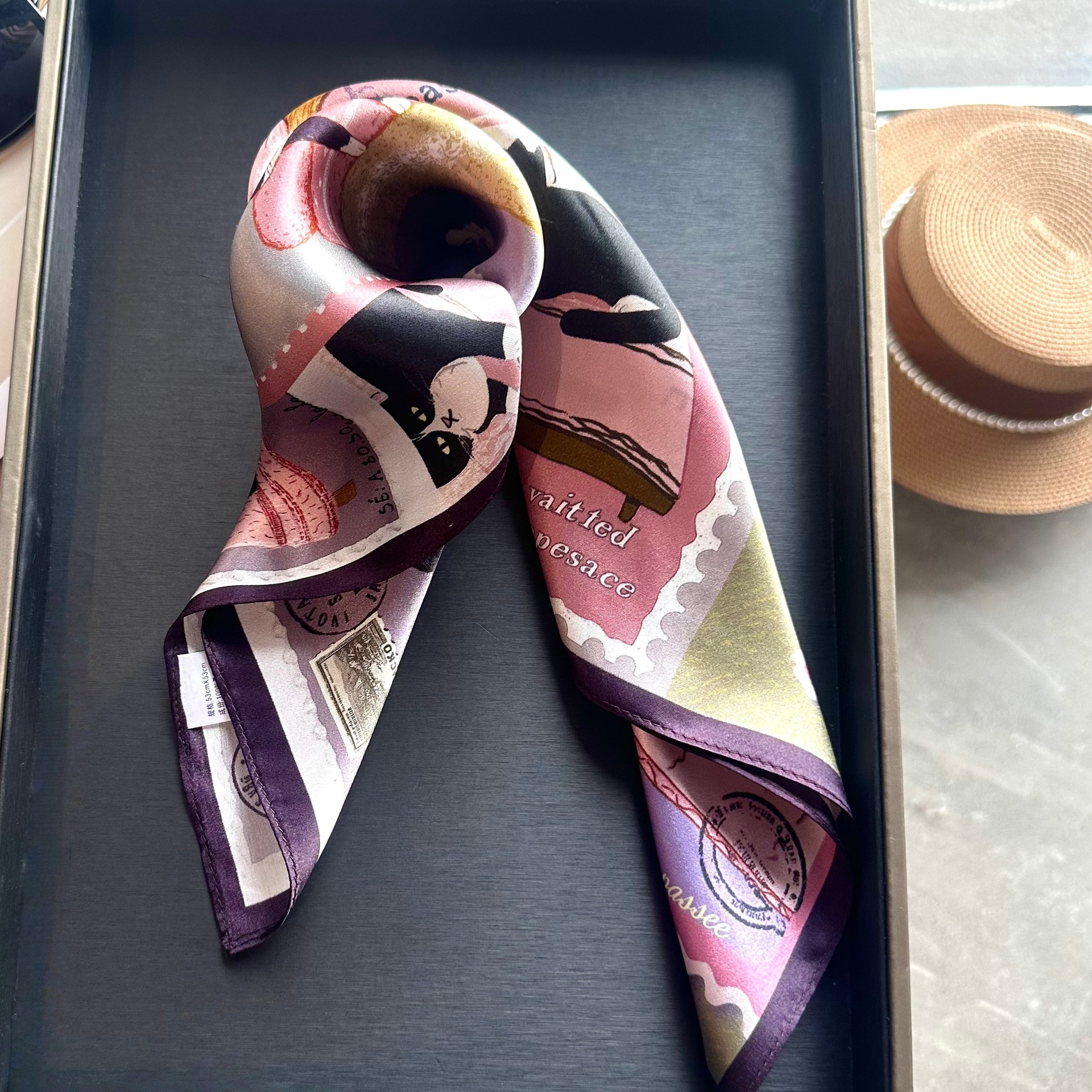 Foulard carré 100% Soie de Mûrier pour Femme, imprimé chats mignons, écharpe de cou, bandeau de tête, bandana, mouchoir